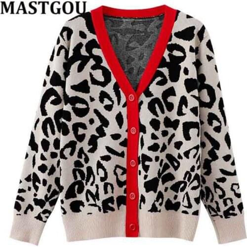 MASTGOU Leopard Knit Women Cardigan Sweater Retro Style V Neck Single Breasted Female Jumper Autumn Winter Ladies Jacket Coat