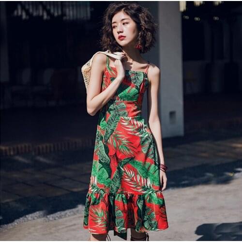 Dress Women Rushed A-line Sleeveless Knee-length Spaghetti Strap Empire Women Dresses Holiday Long 2018 New Bohemian Print