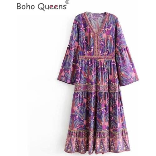 Boho Queens women Floral print bat sleeve beach Bohemian pleated maxi dress Ladies V neck Tassel Summer Boho dress vestidos