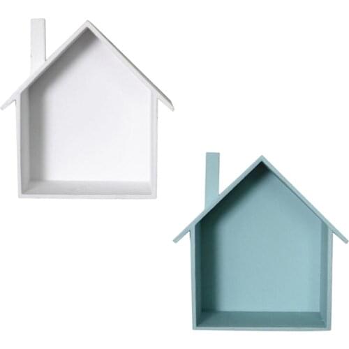 2x House Shape Wood Wall Shelf Display Hanging Box Organizer Blue White