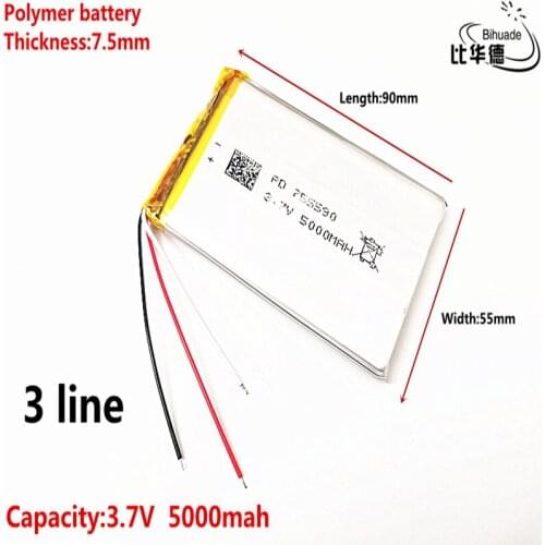3 line Liter energy battery Good Qulity 3.7V,5000mAH 755590 Polymer lithium ion / Li-ion battery for tablet pc BANK,GPS,mp3,mp4