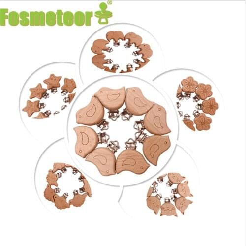 Fosmeteor 5Pcs Food Grade Beech Wooden Clip Animal Heart Shape Dummy Clip for Baby Teething Pacifier Chain Holder DIY Accesories