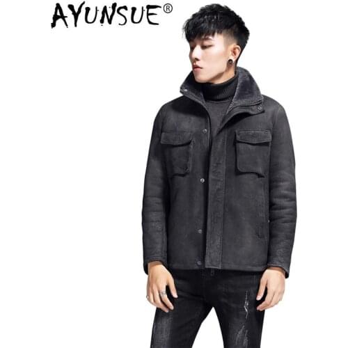 AYUNSUE Real Genuine Leather Jacket Men Winter Natural Fur Coat Vintage Shearling Jacket Motorcycle Sheepskin Coat XZ-A-198179