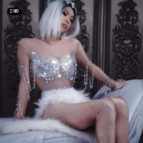 White Feathers Glisten Rhinestone fringe Bodysuit WOMEN Sexy Nightclub BAR Stage Wear gogo Party Show Elastic Leotard Costumes