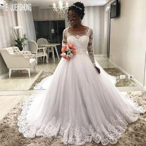E JUE SHUNG Shiny African Wedding Dresses Scoop Neck Long Sleeves Button Back Lace Appliques Sashes robe de mariee Wedding Gowns