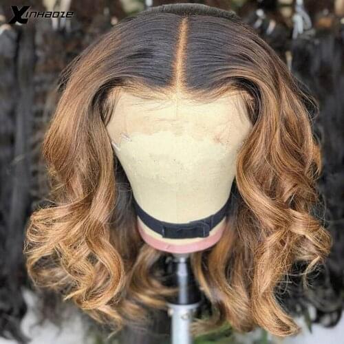 Highlight Ombre Brown Blonde Brazilian Bob Wave 13x4 Lace Front Human Hair Wigs 150% Pre Plucked Wigs With Baby Hair V Part Wigs