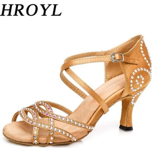 HROYL Women Latin dance shoes For Girls ladies With Rhinestone Ballroom Tango Dancing Shoes 10/8.5/7.5/6/5CM Heels Wholesaler