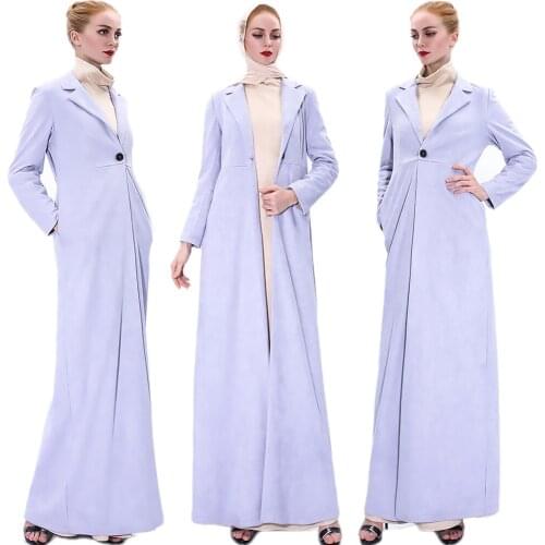 Muslim Women Trench Coat Long Maxi Outwear One Button Suede Warm Abaya Modest Winter Dress Turkish Kaftan Islamic Clothing Coats