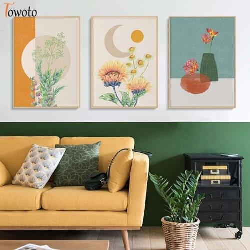 Modernist Flower Canvas Poster Nordic Wall Art Modern Painting Potted Plant and Sunflowers Wall Picture for Living Room Kid Room