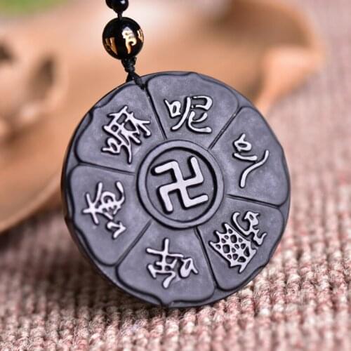 Natural Obsidian Buddhist Scripture Pendant Necklace Man Exquisito Jewellery Fashion Accessories Hand-Carved Luck Amulet Gifts