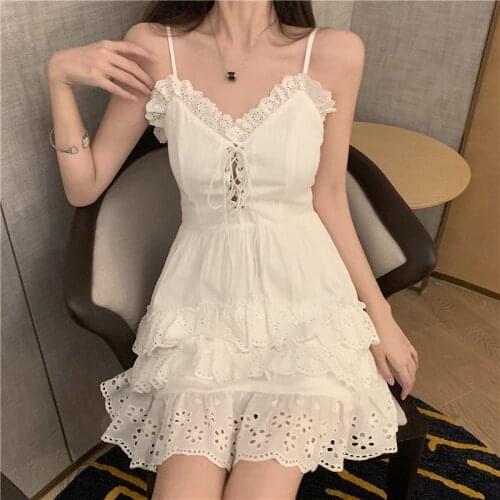 Cottagecore Lolita Women Dress Summer Sleeveless V-neck Lace Up Ruffles Sundress Female Vestido White Sweet Slim Beach Dresses