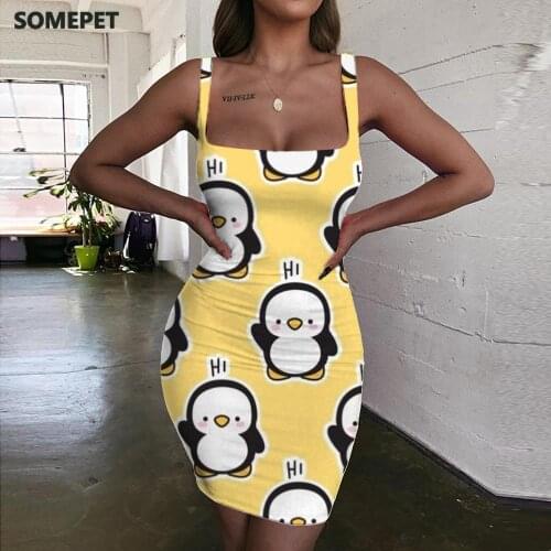 SOMEPET Penguin Dresses Women Animal Bodycon Dress Yellow Halter Sleeveless Lovely Sundress Womens Clothing Mini Evening Vintage