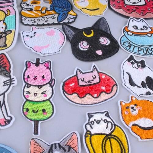 Pulaqi Cartoon Cat Patch Iron On Patches On Clothes Cute Stripes Embroidered Patches For Clothing T-shirts DIY Appliques Clothes