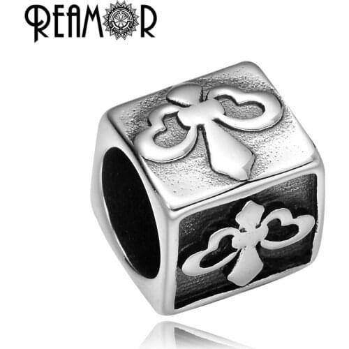 REAMOR Punk Style 316L Stainless steel Iris Flowers Cylinder Big Hole Charms Beads for Jewelry Making Men Bracelet Beads