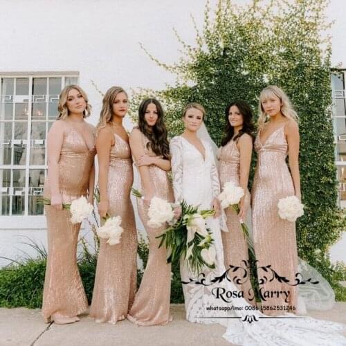 Rosa Gold Sequined Mermaid Bridesmaids Dresses 2021 Plus Size African Nigeria Wedding Guest Prom Gowns Maid Of Honors For Women