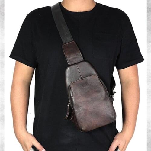 Retro fashion luxury natural real cowhide mens chest bag daily weekend outdoor first layer Leather mens shoulder messenger bag