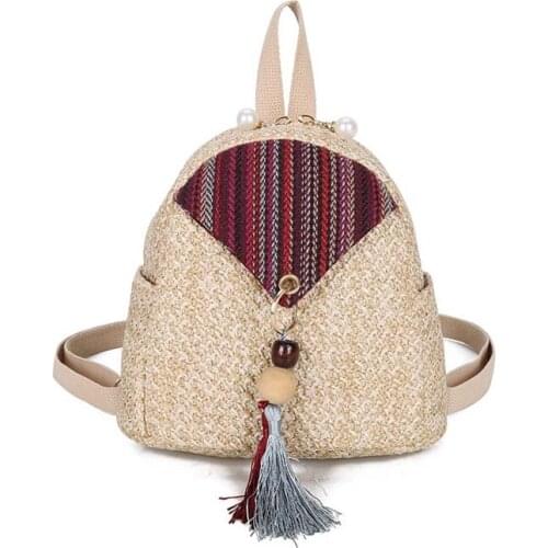 4PCS / LOT New Women Fashion Straw Knitting Backpack Ladies Female Travel Holiday Tassel Zipper Small Backpack