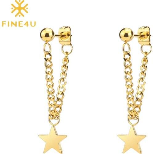 FINE4U E202 Gold Color Star Drop Earrings Lucky Star Pendant Tassel Dangle Earrings for Women Girls