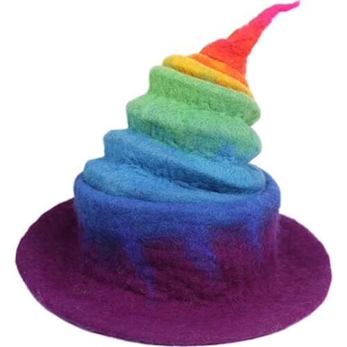 Hats Rainbow Wizard Handmade Wool Women’s Felt Hat Halloween Creative Gift Funny Witch Hat Cosplay Accessories Head Wear