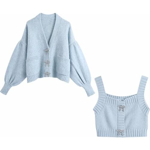 ZA Women Fashion With Rhinestone Buttons Knitted Cardigan Sweater Vintage Long Sleeve Loose Female Outerwear Chic Tops