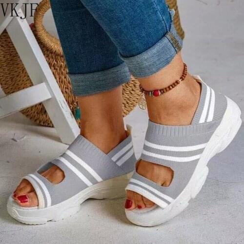 Women Sneakers Sandals Ladies Summer Platform Shoes Wedges Stripe Breathable Comfy Plus Size Slip On Flat Casual Female Sandals