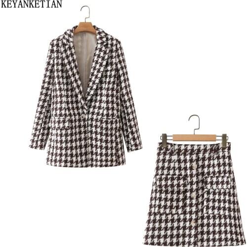 KEYANKETIAN Spring and autumn new womens woolen gold thread knitting plaid one-button suit jacket short skirt suit