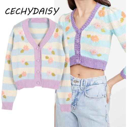 Sweater Cardigan Women 2021 Autumn Winter Sexy V-Neck Button Up Flower Elegant Puff Sleeve Cropped Y2k Top Pull Sueters De Mujer