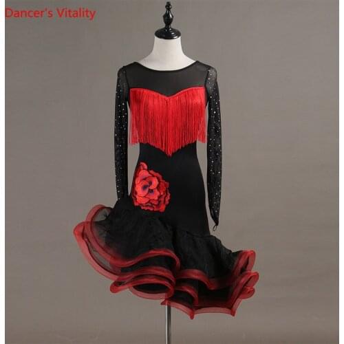 Latin Dance Dress Gauze Long Sleeve Diamonds Tassel Fishbone Dress Women Latin Ballroom Dance Stage Performance Costumes