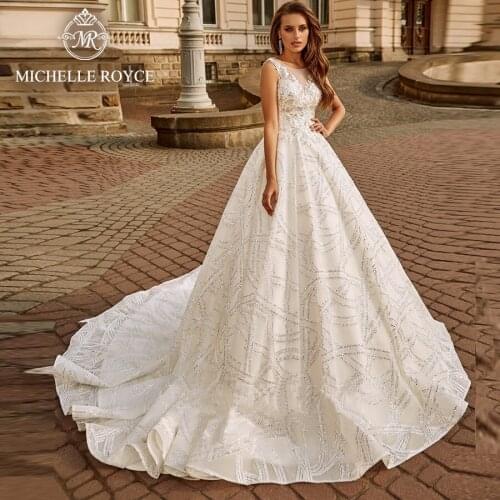 Michelle Royce A-Ling Wedding Dresses 2020 Sexy Scoop Appliques Sleeveless Palace Dream Illusion Bridal Gowns Vestido De Noiva