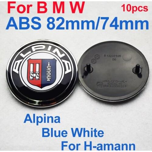 10pcs/set For Car Styling Blue White 82mm 74mm ABS Black Base 2PINS Car Front Hood Rear Trunk Emblem Boot Covers Accessory