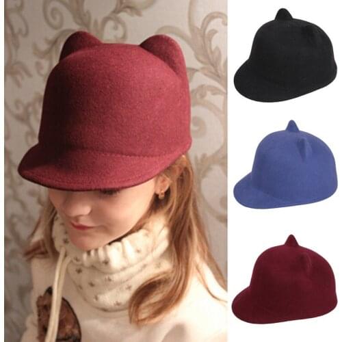 100% Wool Child Girl Fedoras hat mickey cat ear fedora hat winter warm soft kid Devil Hat Cute cap size 52-54CM