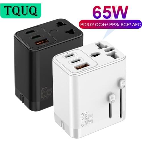 TQUQ 3port 65W GaN Super Fast USB C Power Adapter, Global Universal US EU AU UK Plug Travel Charger Head with AC Socket