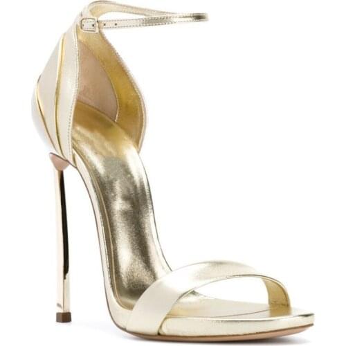 Summer Sexy Blade Heels Sandals Open Toe Ladies Pleated Cover Heels Bling Leather Ankle Strap Metal High Heels Sandalias