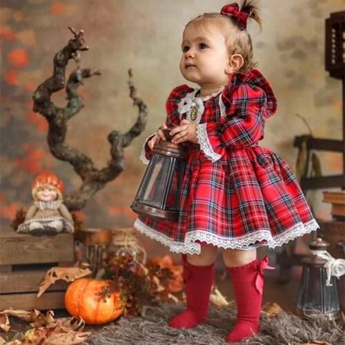 Christmas Baby Clothes Kids Baby Girls Lace Red Plaid Dress Autumn Winter Long Sleeve Party Princess Dresses New Years