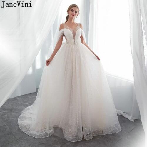 JaneVini Elegant Ivory Long Bridesmaid Dresses A Line Sheer Scoop Neck Pearls Backless Lace Women Formal Prom Gowns Court Train
