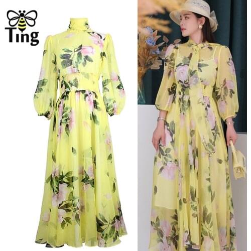 Tingfly Retro Elegant Flower Prining Chiffon Party Midi Long Dresses Bowknot Summer A Line Vestidos Plus Size Elbise Trendy Za