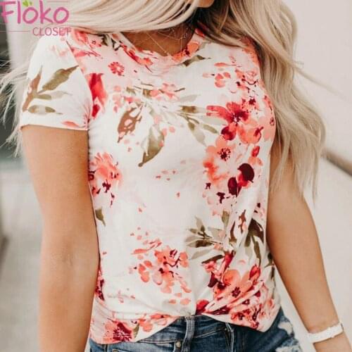Flokocloset Floral Print Short Sleeve O-Neck T-shirts Loose Casual Tee Ladies Tops Summer Streetwear Women Clothing