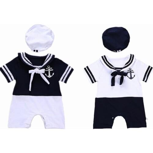 Newborn Baby Boys Sailor Costumes Short Sleeve Romper Set Summer Shortalls Infant Boys Blue White Rompers Set Clothing