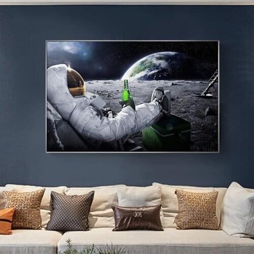 Moon Earth Astronauts Canvas Painting Beers Outer Space Oil Painting Wall Art Posters Prints Wall Pictures for For Living Room
