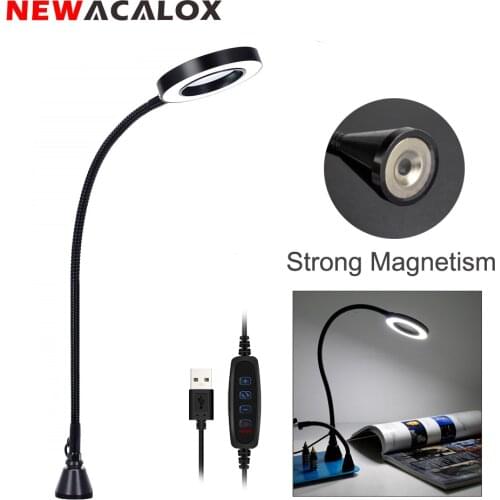 NEWACALOX USB 3X LED Magnifying Glass Desk Lamp Magnetic Flexible Arm Illuminated Magnifier for Soldering Reading Workbench
