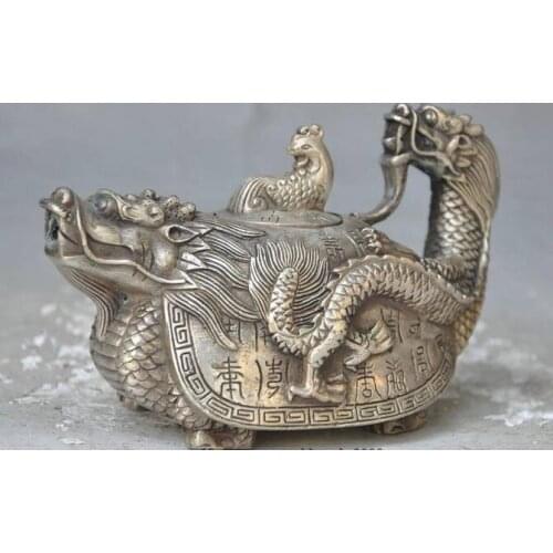 Copper Statue Crafts statue marked china silver Dragon turtle Phoenix bird statue Teapot Tea maker Kettle halloween