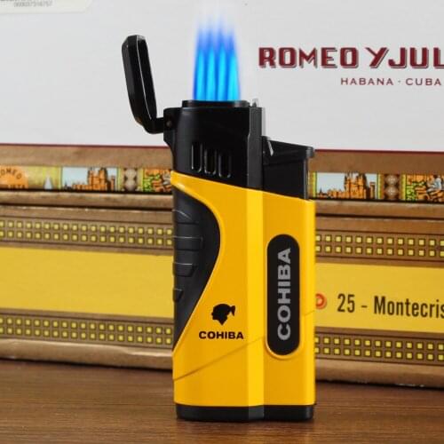 COHIBA Metal Cigar Lighter Windproof 4 Jet Adjustable Flame Torch Lighter Gas Refillable Butane Briquet W/ Cigar Punch Cutter