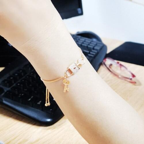 Fashion 24k Gold Color Bracelets Bangle Key lock Bracelet for Women Femme Charm Female Bijoux Valentines Day Gift