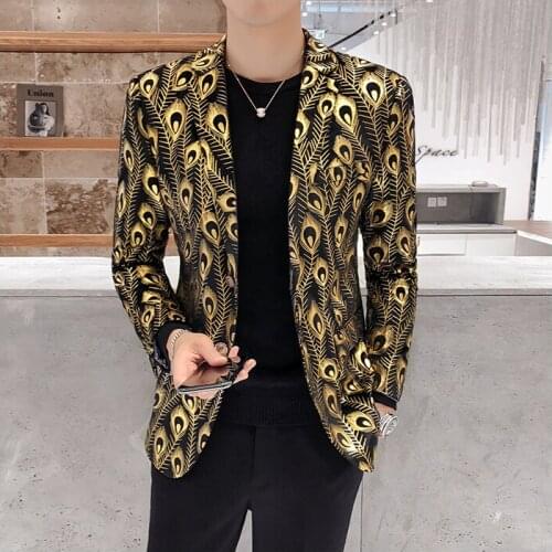 Mens British Style Blazers Velvet Chaqueta Elegante Hombre Gold Printed Slim Fit Blazer Mens Party Clothes Dress Singer