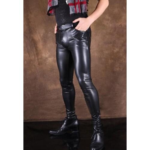 Male high-elastic motorcycle faux leather pants men tight trousers pu skinny pencil pants for men pantalon homme black fashion