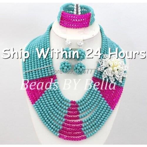 New Trendy Wonderful African Wedding Beads Jewelry Set Blue&Fuchsia Crystal Beads Necklace Set 2017 Hot Free Shipping ABC544