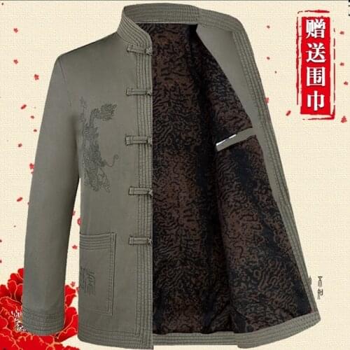 Autumn Winter Middle-Aged 100% Cotton Tang Suit MenS Cotton-Padded Jacket Velvet Thick Coat Jacket Grandpa Chinese Tunic Hanfu