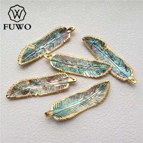 FUWO Carved Abalone Shell Feather Pendant With Gold Filled Edge Fashion Sea Shell Tribe Beach Paua Jewelry Wholesale PD554