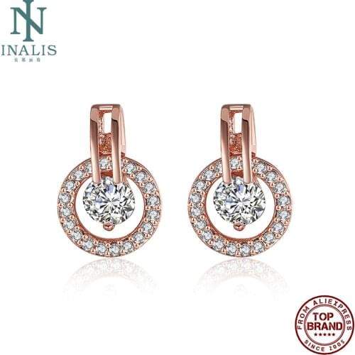 INALIS Rose Gold Color Round Water Drop Zircon Stud Earrings For Women Female Girl Fashion Wedding Jewelry Earring Wholesale