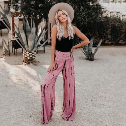 Chiffon Wide Leg Pants Women Elastic High Waist Tie-dye Print Loose Long Pants Casual Beach Summer Trousers For Female Pantalon